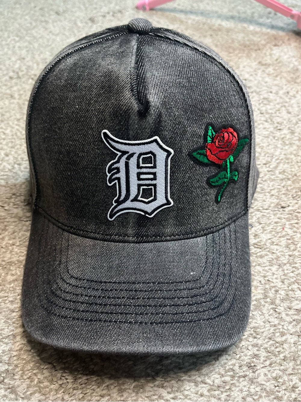 Black Denim Detroit Tigers Baseball Cap with Rose Patch